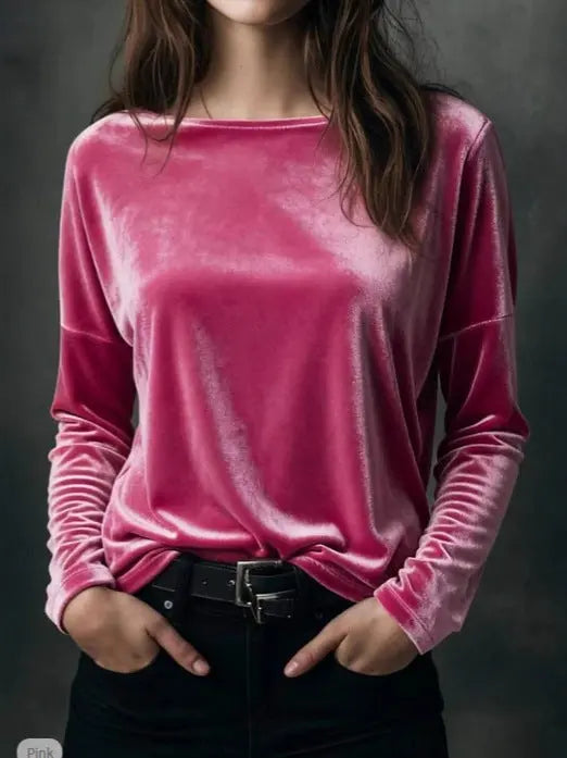 Female Solid Color Loose Fit Crew-neck Pullover Velvet T-shirt hercurva