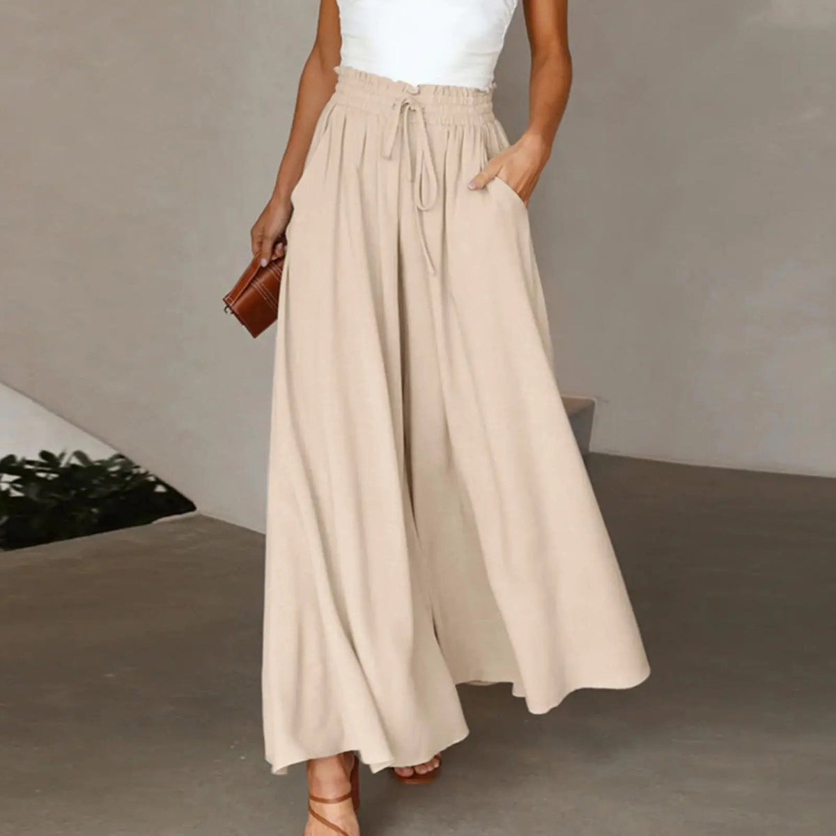 Women's Fashion Wide Leg Elastic Waistband Wide Leg High Waist Long Dress Pants hercurva