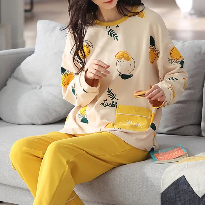 Loose Print Pajamas Women Autumn Winter Pyjama Set Long Sleeves And Trousers Elegant Sleepwear Girl Loungewear Home Clothes hercurva