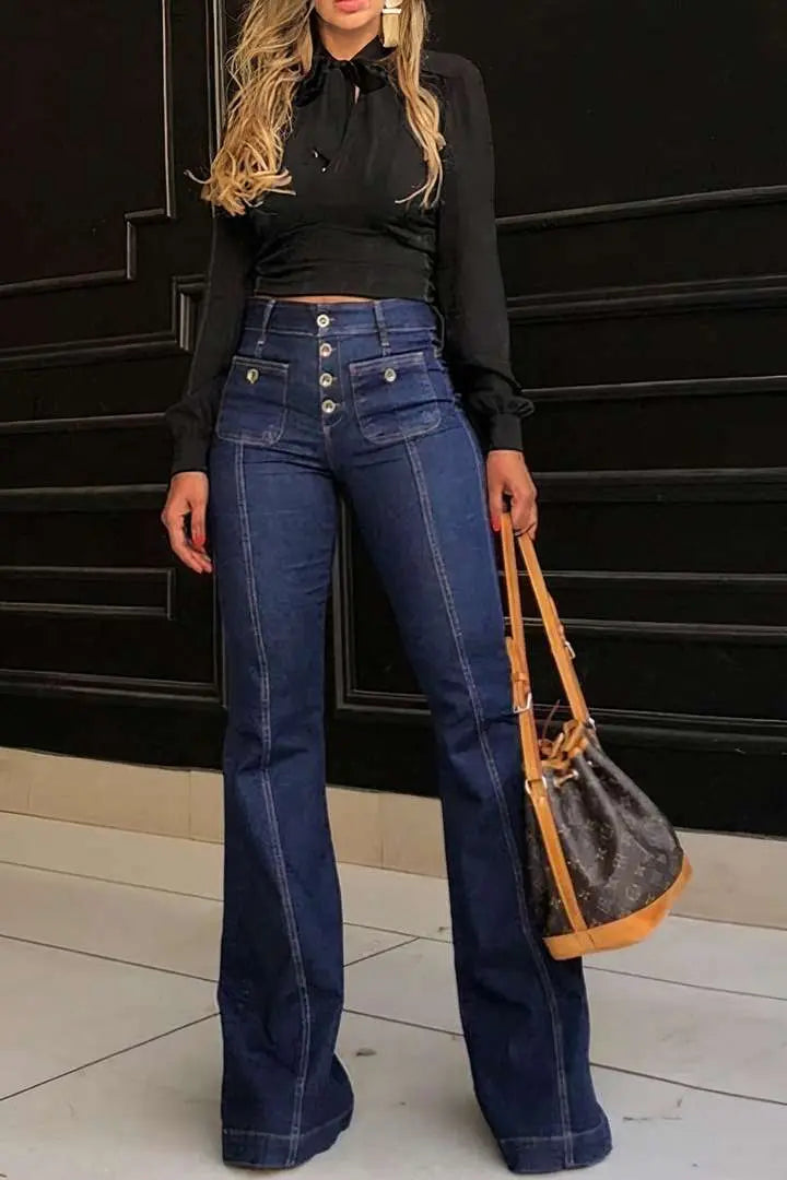 Stitching Washed Denim Stretch Slim Fit Bell-bottom Pants hercurva