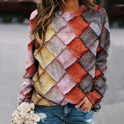 Printed Patchwork Round Neck Raglan Long Sleeve Women's Sweater hercurva