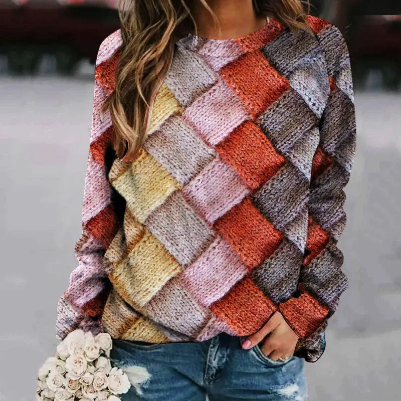 Printed Patchwork Round Neck Raglan Long Sleeve Women's Sweater hercurva