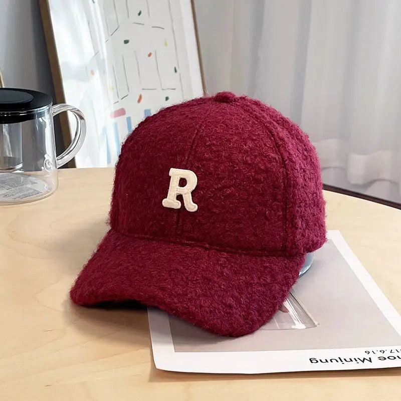 Winter Thick Lambskin Furry Large R Letter Baseball Cap hercurva
