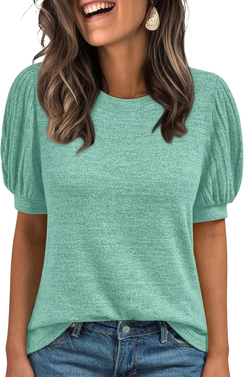 Spring Summer Crew-Neck Solid-Color Elastic-Cuff Short-Sleeve Top hercurva