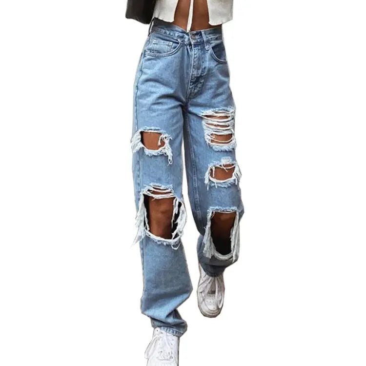 Women's American Retro Hole-punched Jeans Women High Waist Straight-crotch Loose Slim Design High-street Vibe Wide-legged Dragging Pants hercurva