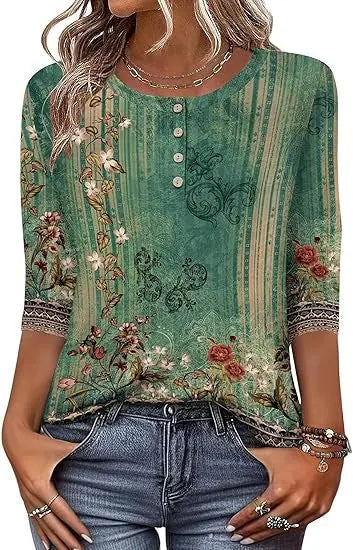 Printed 34 Sleeves Button Women's T-shirt hercurva