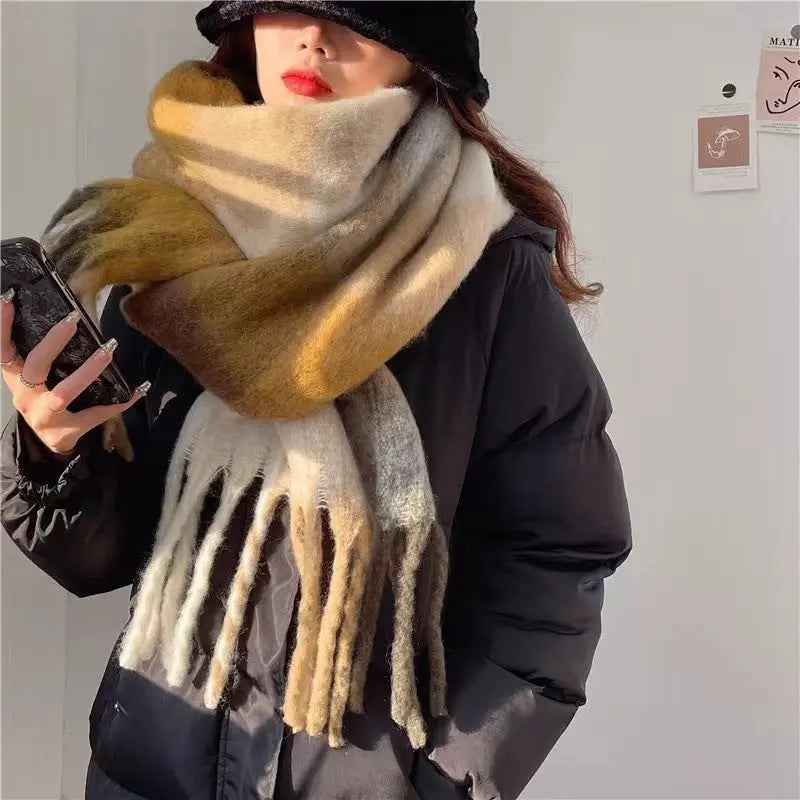 Women's Plaid Tassel Scarf Rainbow Color-blocking Shawl hercurva