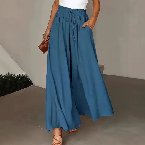 Women's Fashion Wide Leg Elastic Waistband Wide Leg High Waist Long Dress Pants hercurva