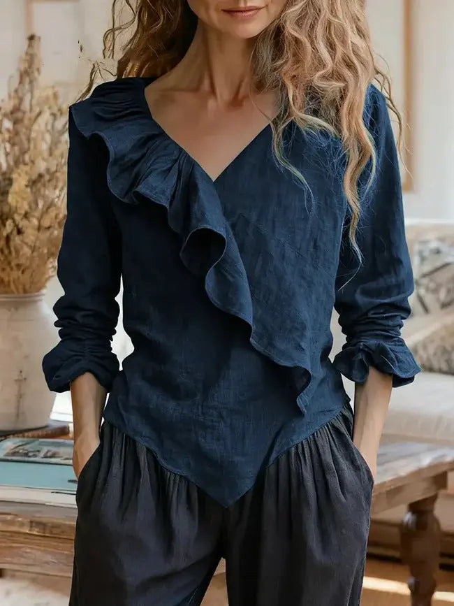 Womens Solid-Color V-Neck Casual Top With Ruffle Long Sleeves hercurva