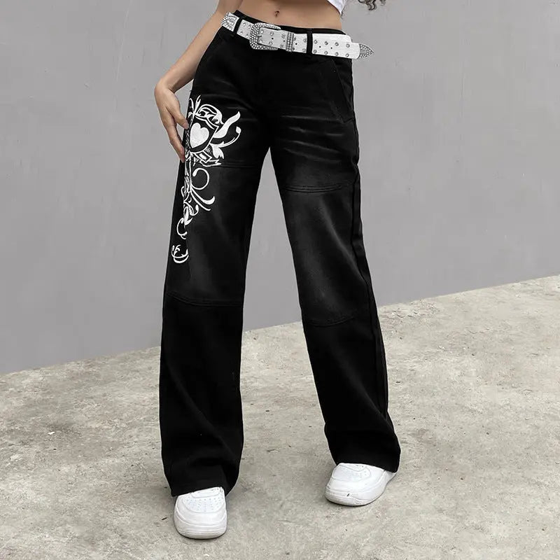 Loose Trousers Low-rise Pleated Heart-print Washed Jeans hercurva