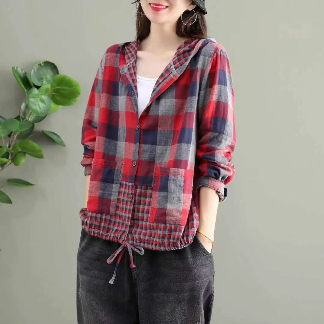 Literary Original Cotton Hooded Plaid Jacket hercurva