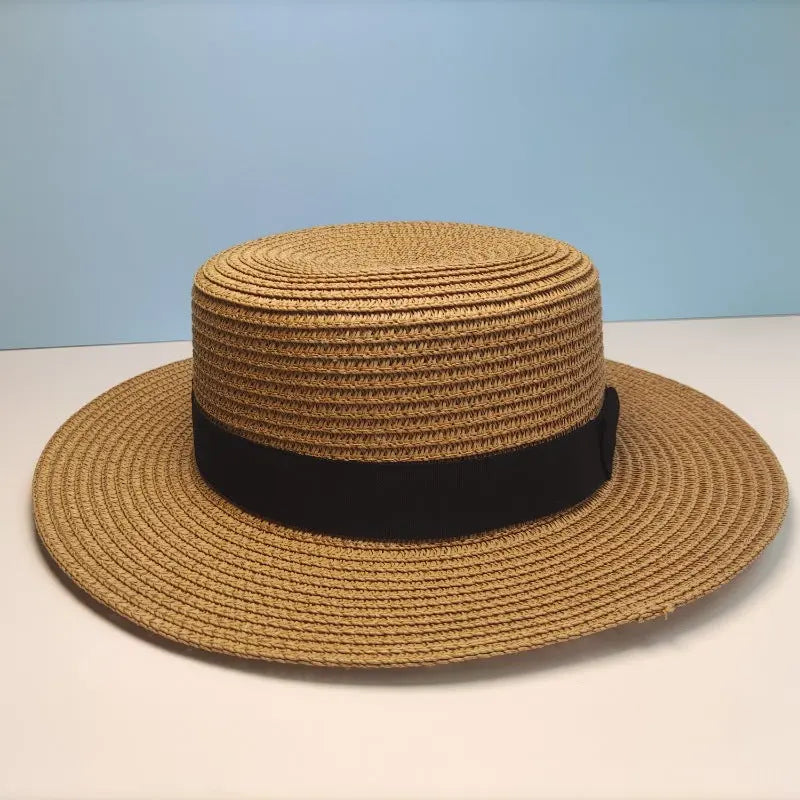 Black Decorative Band Flat Straw Hat High-grade hercurva