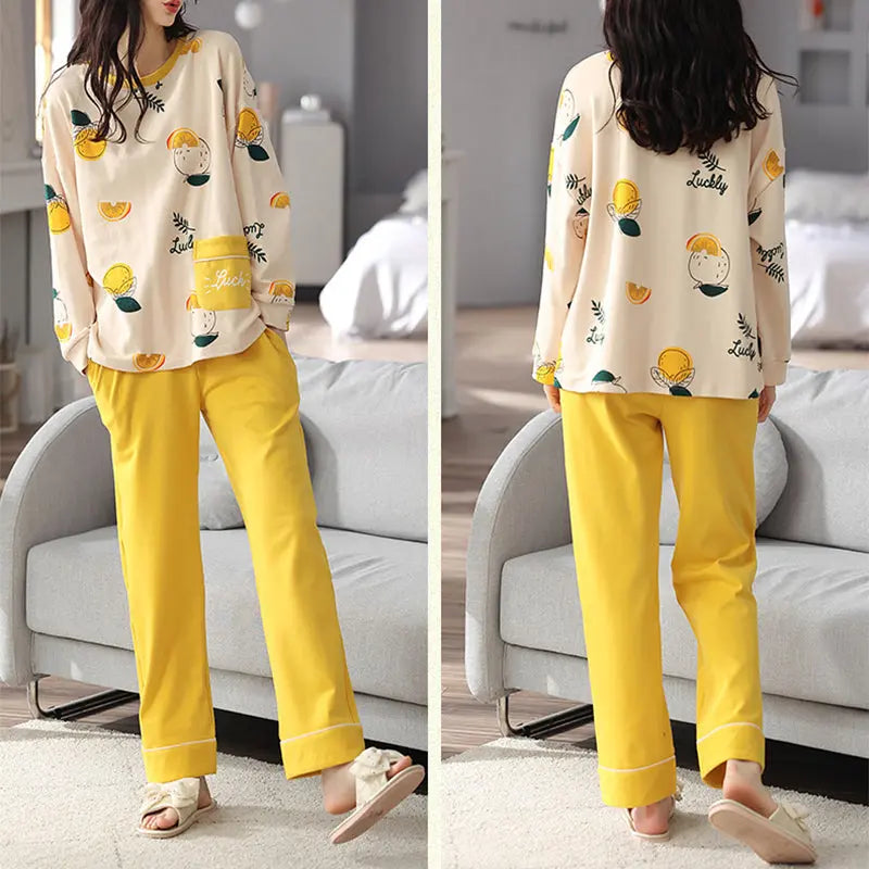 Loose Print Pajamas Women Autumn Winter Pyjama Set Long Sleeves And Trousers Elegant Sleepwear Girl Loungewear Home Clothes hercurva