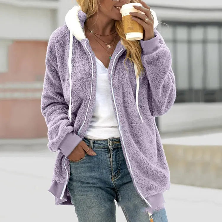 Women's Loose Plush Zipper Hooded Jacket hercurva