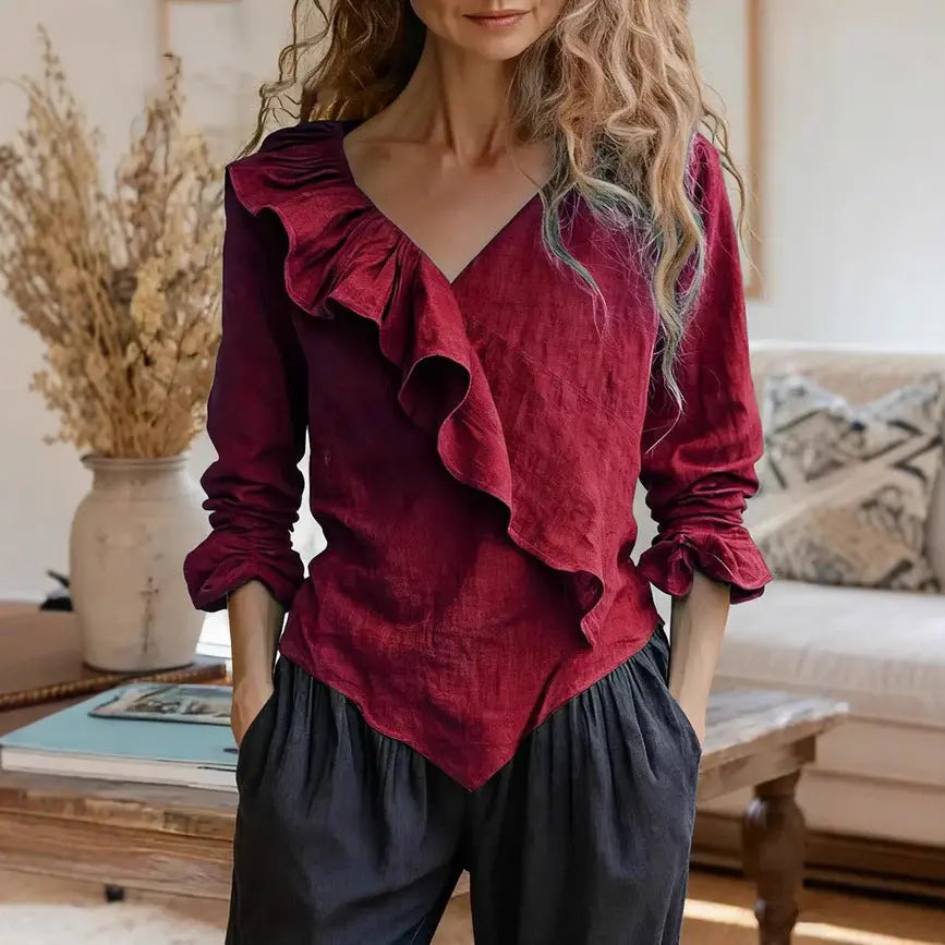 Womens Solid-Color V-Neck Casual Top With Ruffle Long Sleeves hercurva