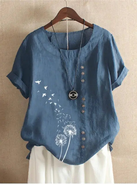 Retro Plus Size Casual Loose Cotton And Linen Short-sleeved Pullover T-shirt hercurva