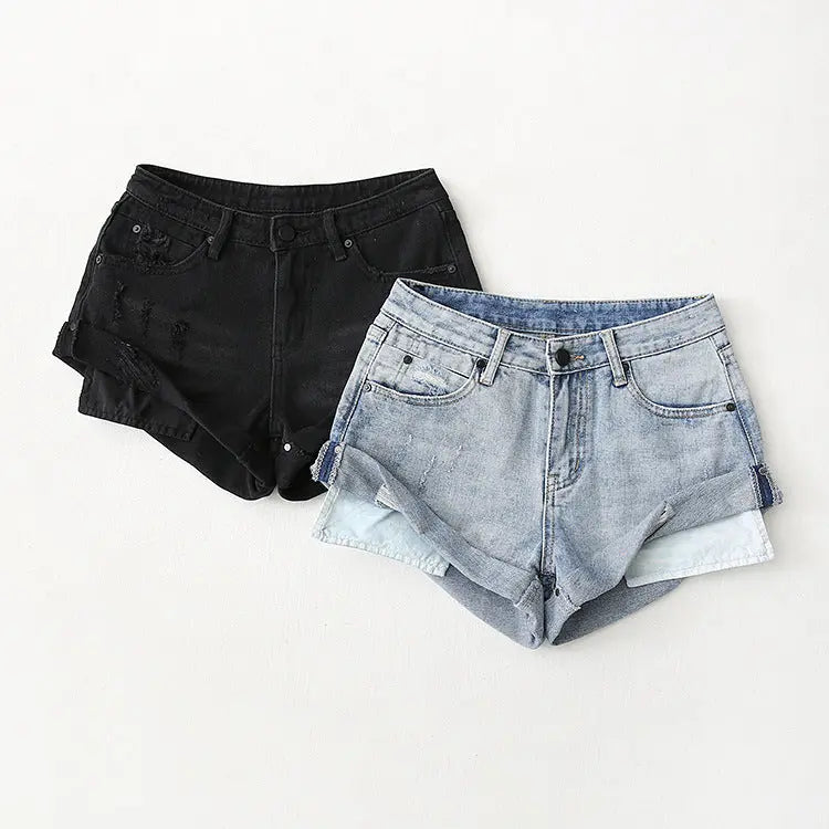 Flanging Low Waist One Button Casual Denim Shorts hercurva
