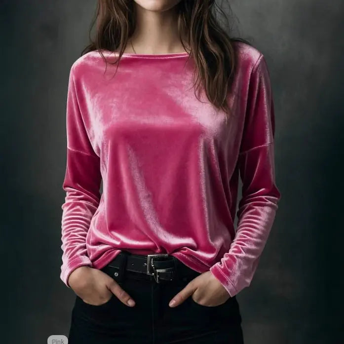 Female Solid Color Loose Fit Crew-neck Pullover Velvet T-shirt hercurva