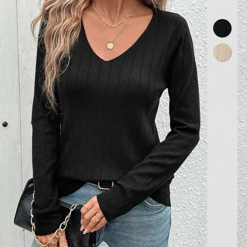 European And American Fall Women's Clothing Sunken Stripe V-neck Black Sweater For Women hercurva