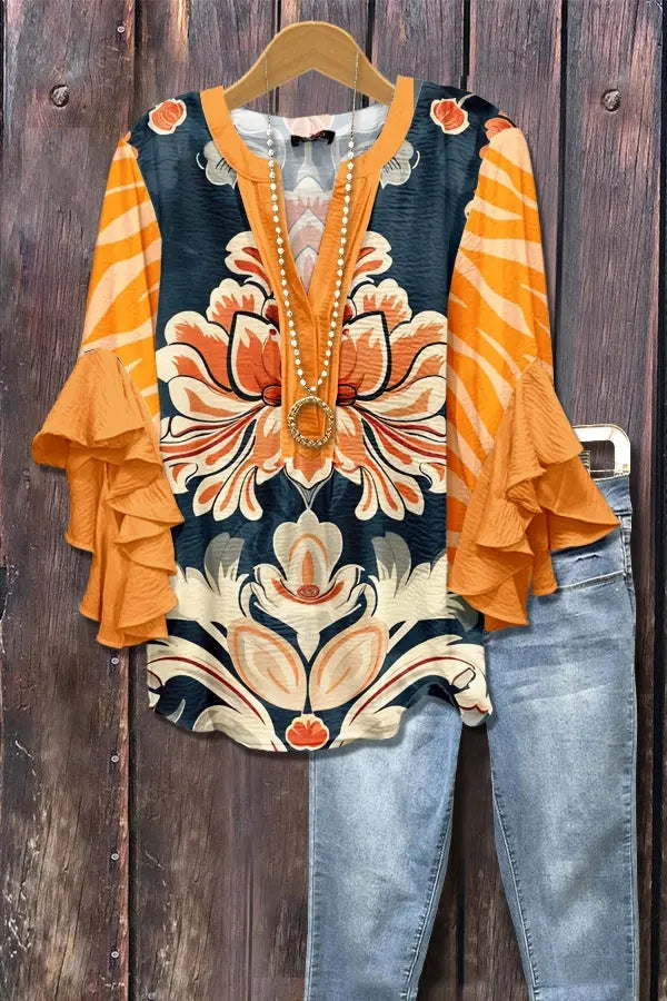 New Printed European And American Leisure Collar Lotus Edge Loose Women's Wear T-Shirt hercurva