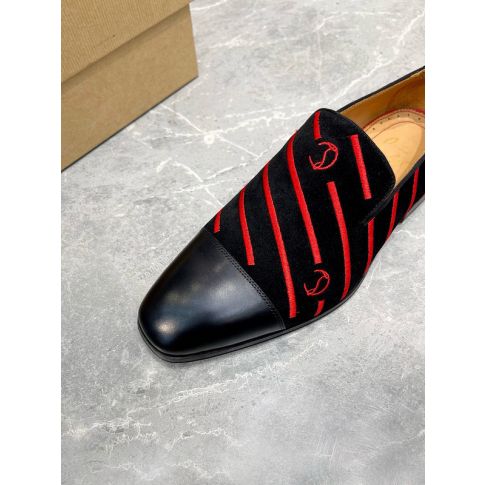 CL Men Loafers Stripe Logo Embroidery Velvet Black Red