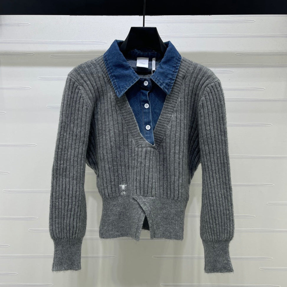 Dior 2026 Denim Patchwork Collared Knit Long-Sleeve Top Wool 779595