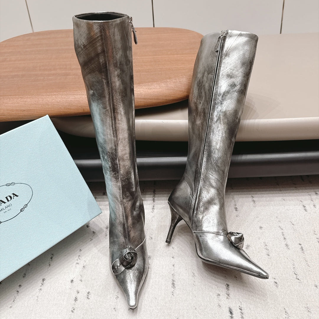 Prada 2026 Floral Pointed-Toe Boots 75mm Leather 176067