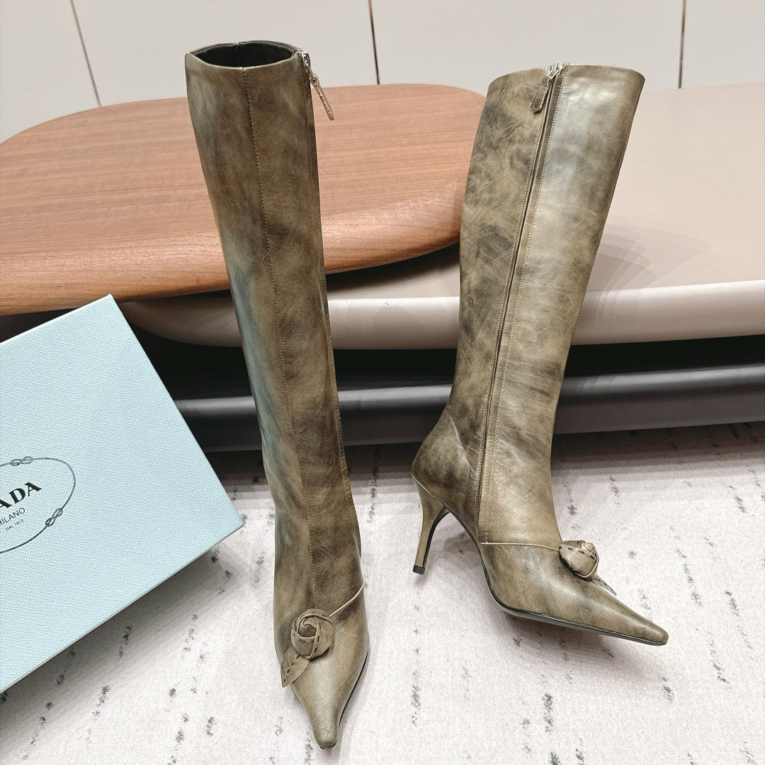 Prada 2026 Floral Pointed-Toe Boots 75mm Leather 176067