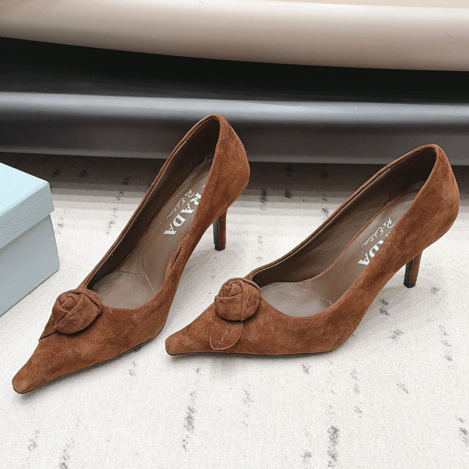 Prada 2026 Rosette Pointed-Toe Shoe 80mm Suede Leather 176075