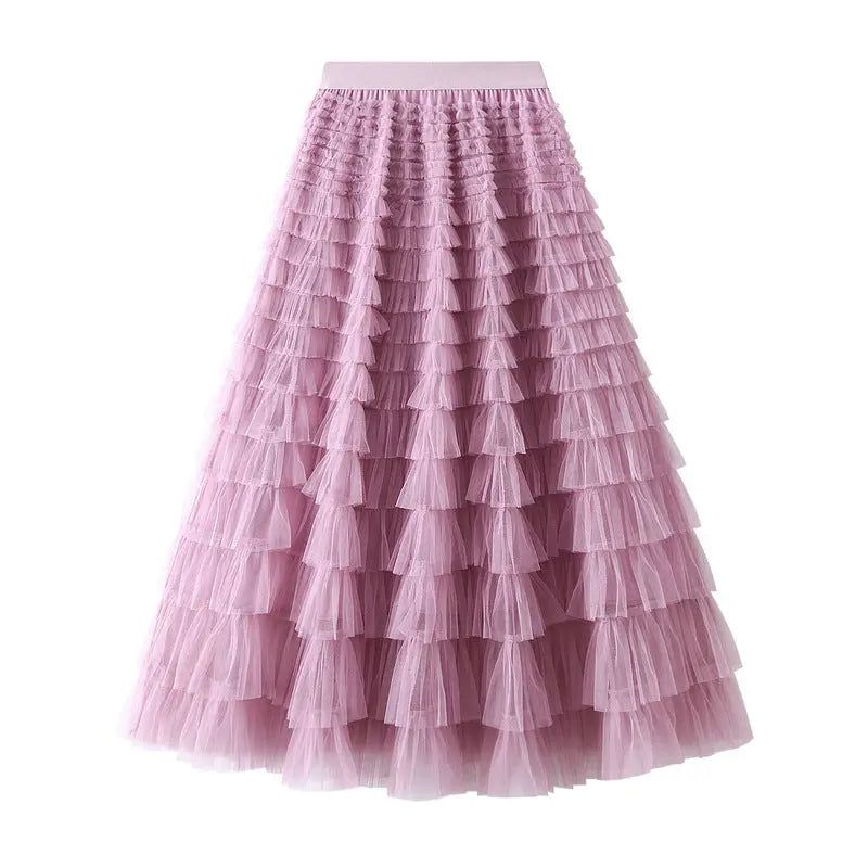 A-Line Mesh Ruffle Skirt Women's Temperament Sweet Long Skirt Slim Cupcake Dress Womens Clothing hercurva
