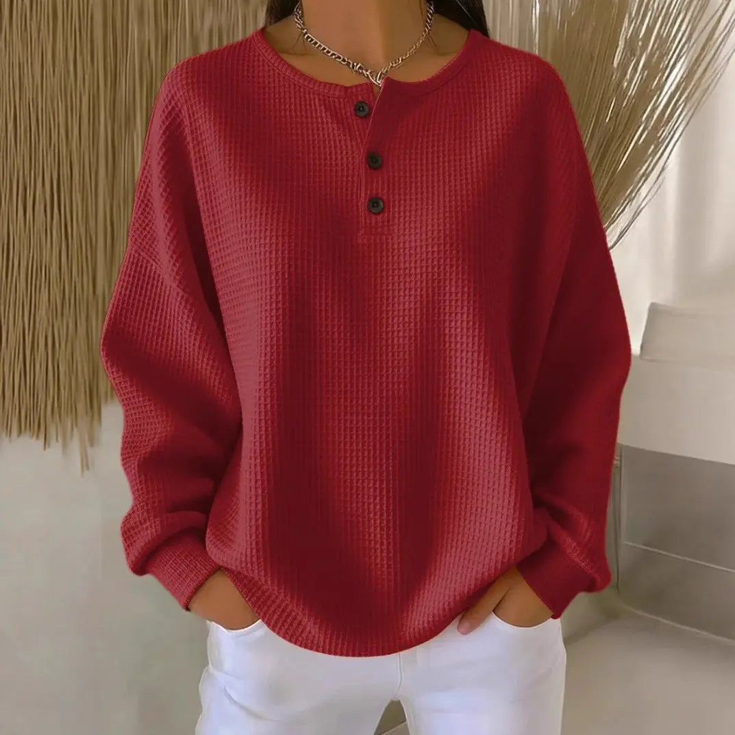 Round Neck Waffle Solid Color Pullover Loose Top hercurva