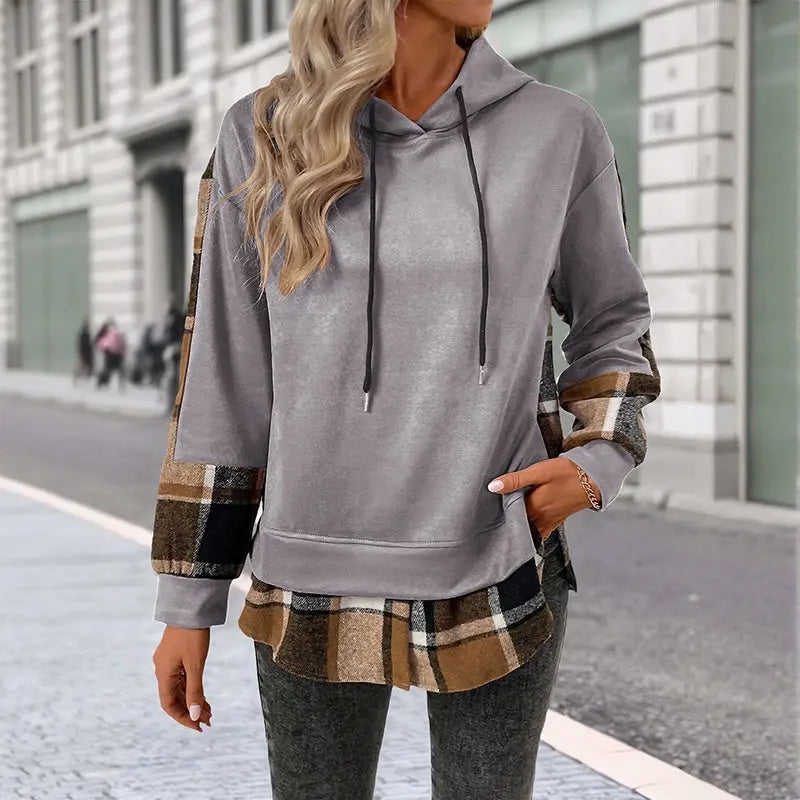 European And American Long Sleeve Plaid Colorblock Hooded Velvet Padded Sweater hercurva