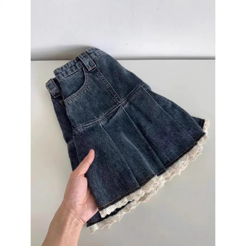 Women's Vintage Lace Pleated Denim Skirt hercurva