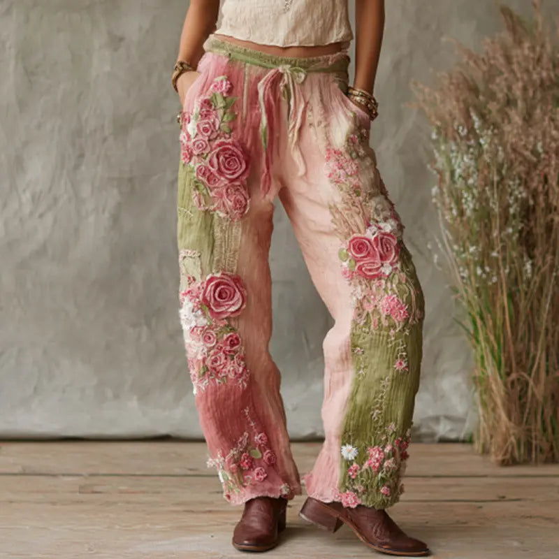3D Floral Print Pattern Elegant Straight Women's Trousers hercurva
