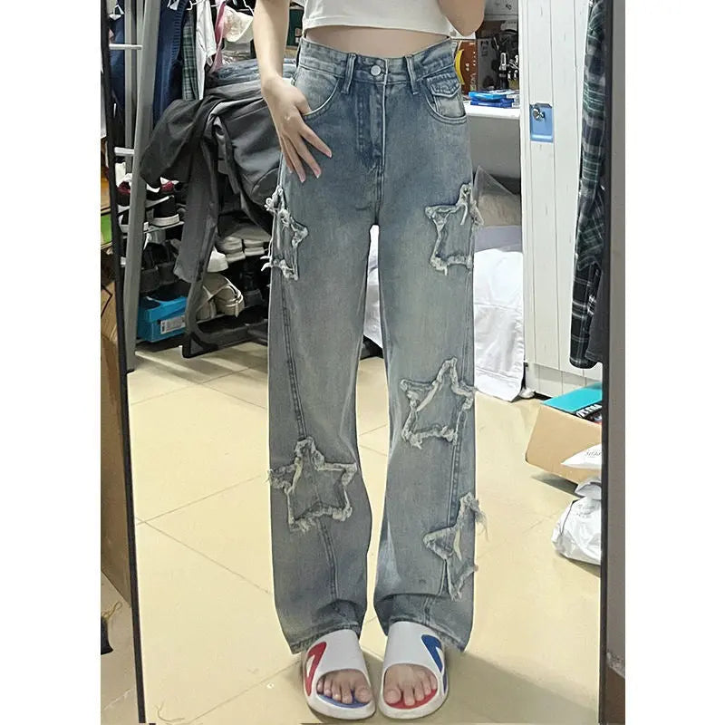 Blue XINGX Embroidered Jeans Women Loose Straight-leg Wide-leg Pants hercurva