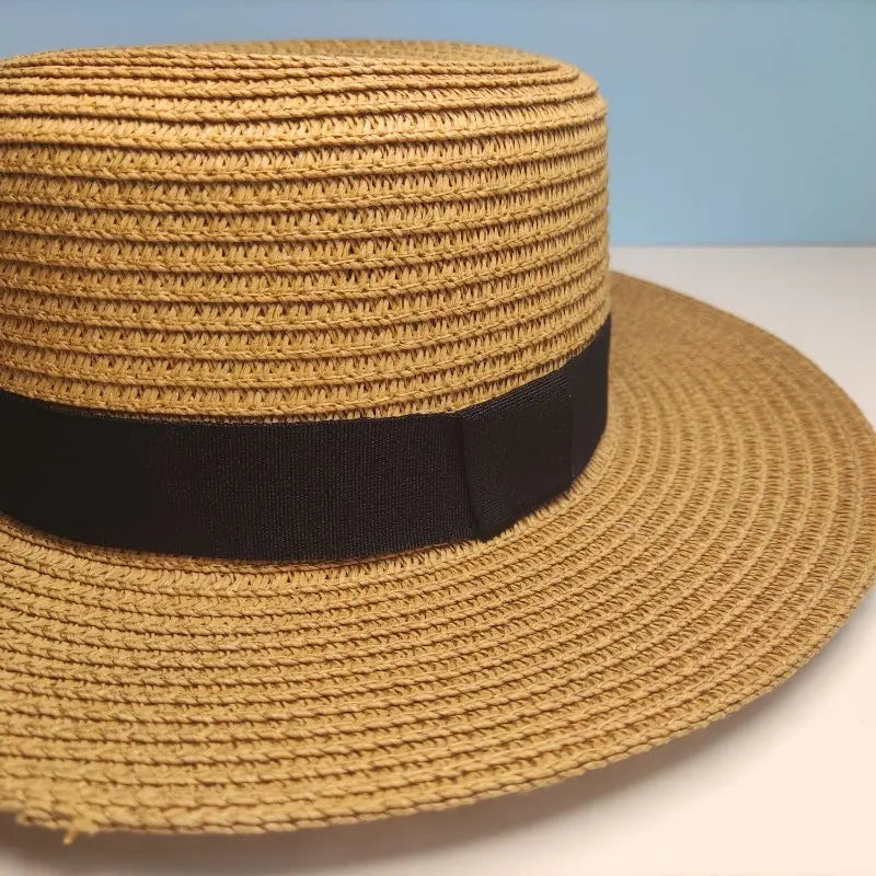 Black Decorative Band Flat Straw Hat High-grade hercurva