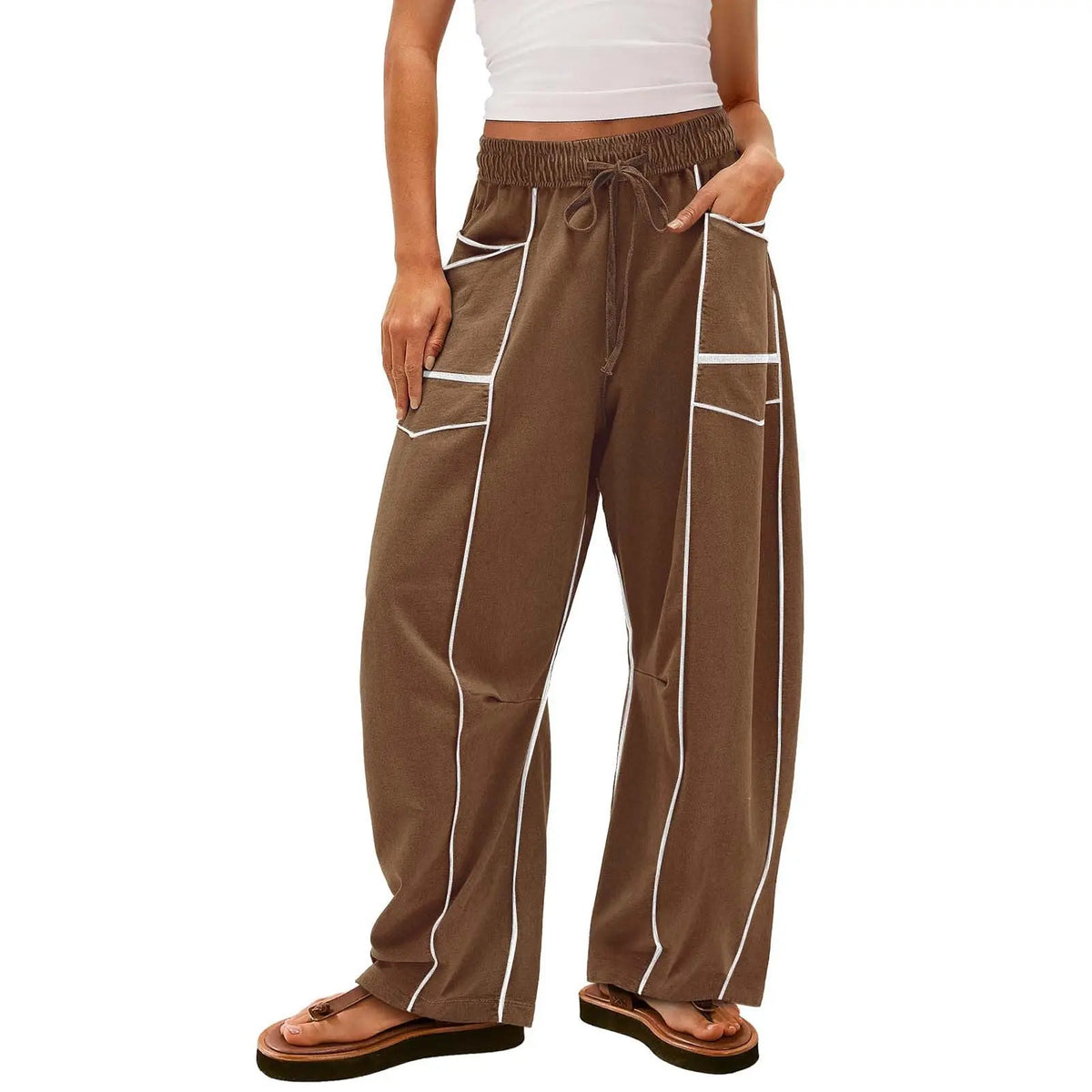 Y2K Black Striped Wide-leg Pants With Pockets Fashion Loose Drawstring Trousers Sports Sweatpants Women's Clothing hercurva