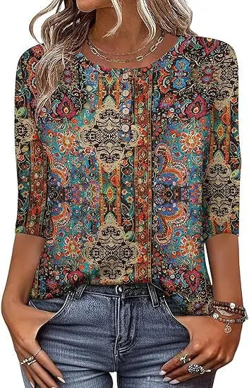 Printed 34 Sleeves Button Women's T-shirt hercurva