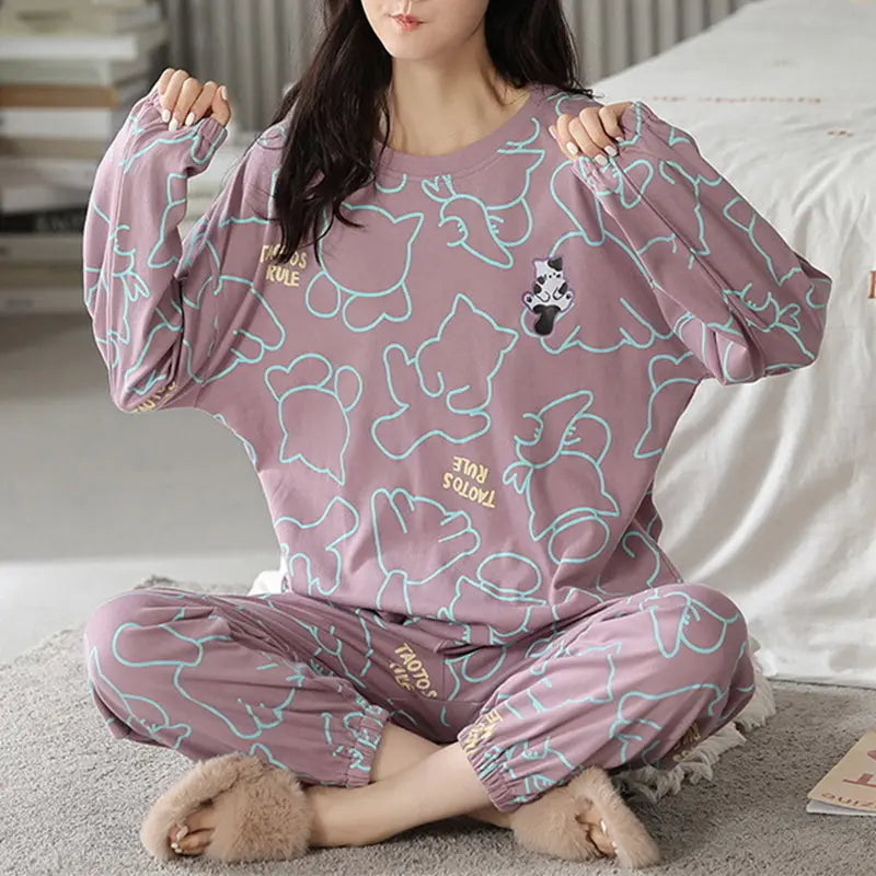 Loose Print Pajamas Women Autumn Winter Pyjama Set Long Sleeves And Trousers Elegant Sleepwear Girl Loungewear Home Clothes hercurva
