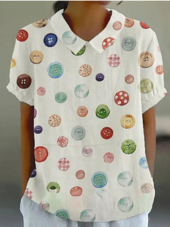 Women's Floral Stitching National Style Printing Lapel Short Sleeve hercurva
