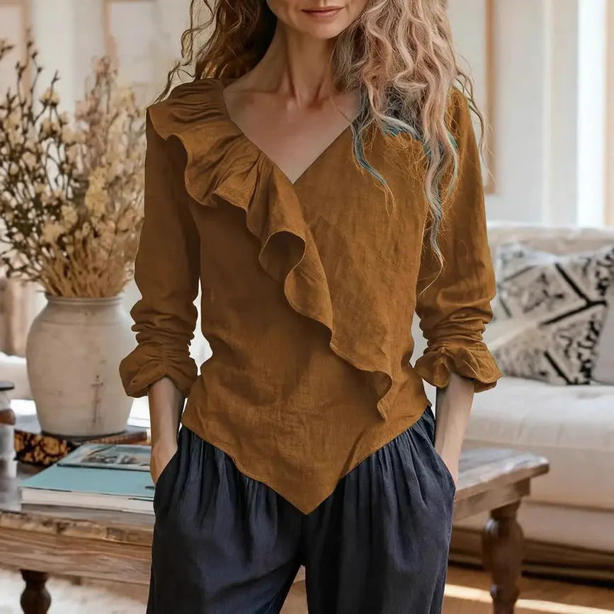 Womens Solid-Color V-Neck Casual Top With Ruffle Long Sleeves hercurva