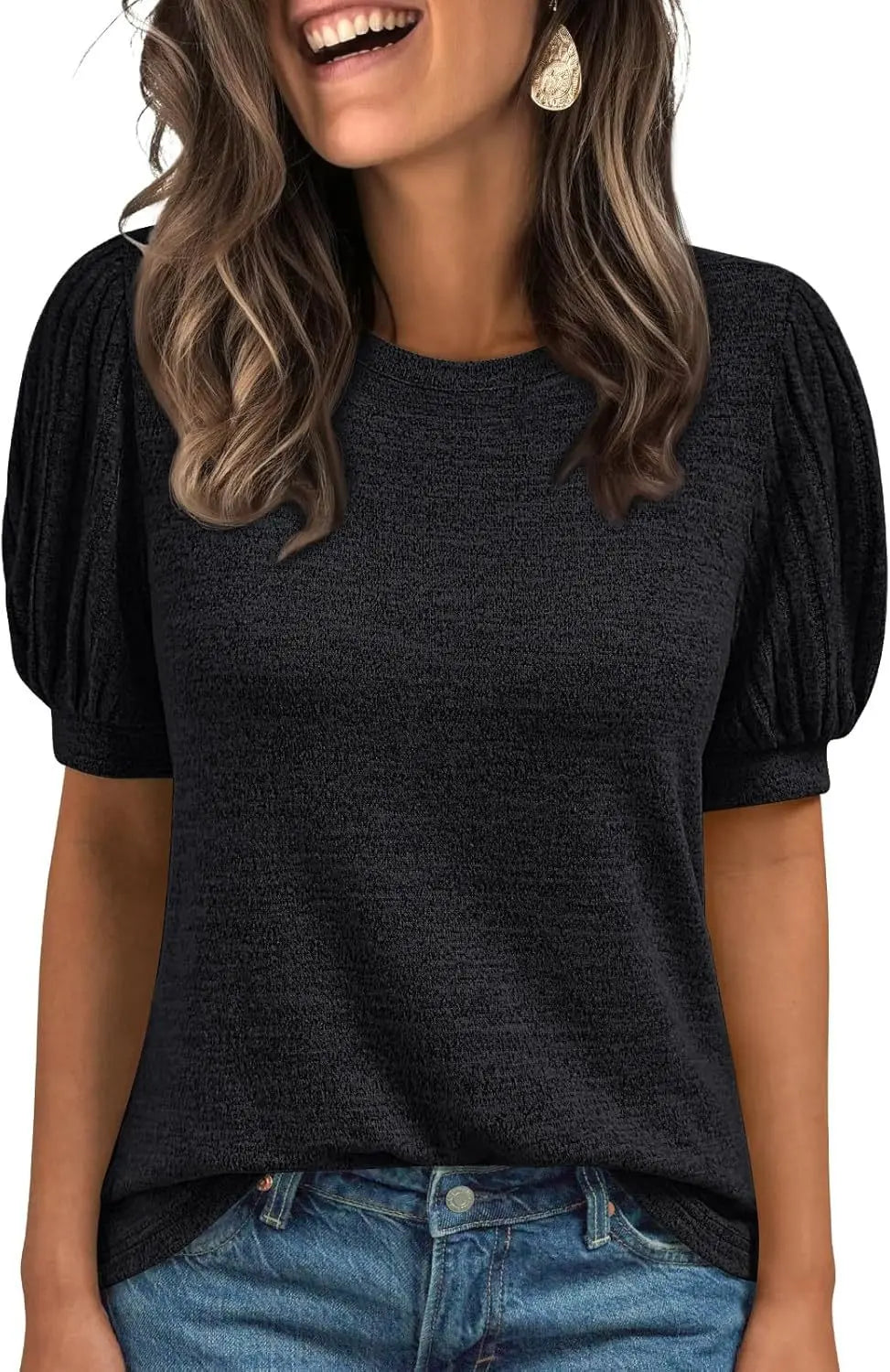 Spring Summer Crew-Neck Solid-Color Elastic-Cuff Short-Sleeve Top hercurva