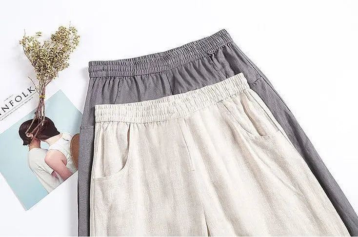 Pure Linen Korean Wide Leg Pants Women Loose Rope hercurva
