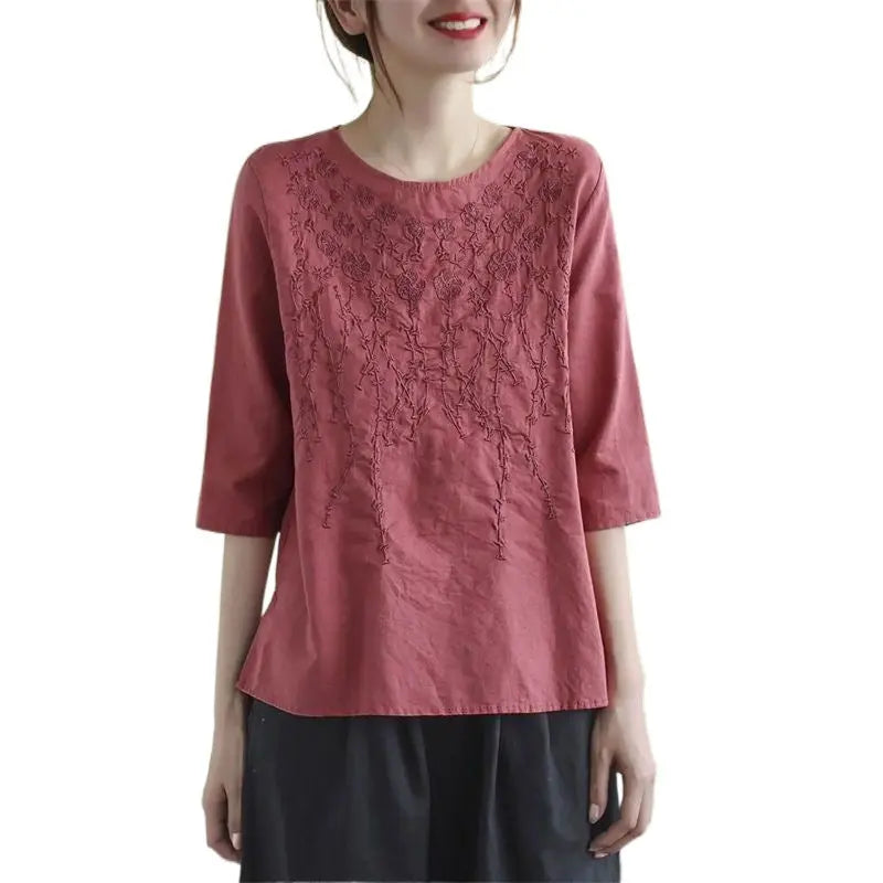 Artistic Retro Cotton And Linen Solid Color Half Sleeve hercurva