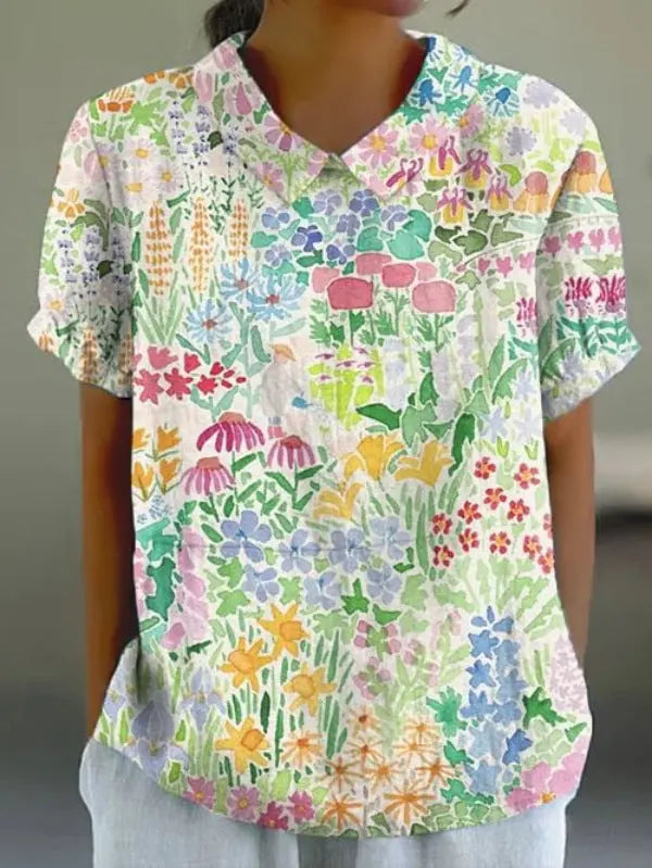 Women's Floral Stitching National Style Printing Lapel Short Sleeve hercurva