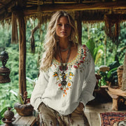 Printed Women's Round Neck Retro Bohemian Top hercurva