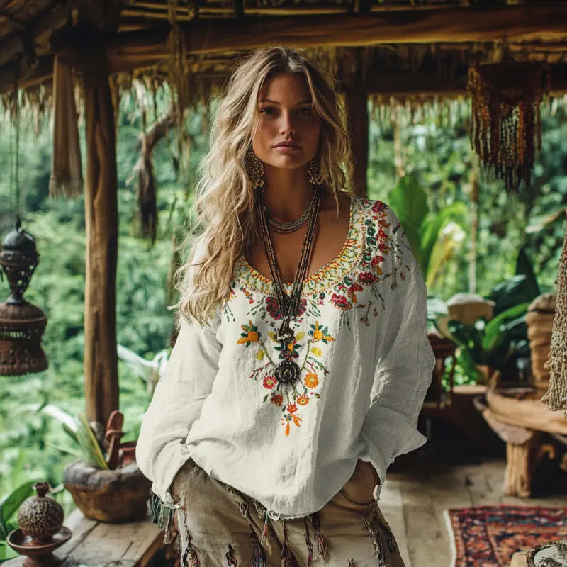 Printed Women's Round Neck Retro Bohemian Top hercurva