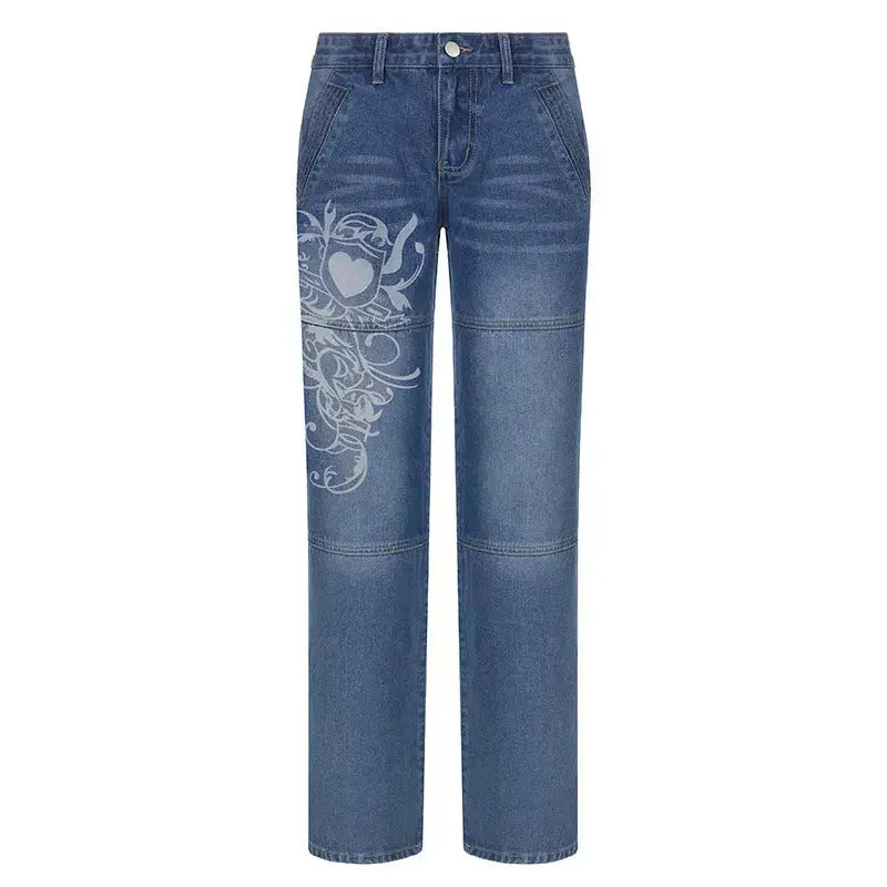 Loose Trousers Low-rise Pleated Heart-print Washed Jeans hercurva