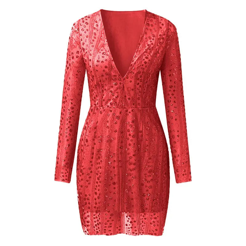 Deep V long sleeve sequin dress hercurva