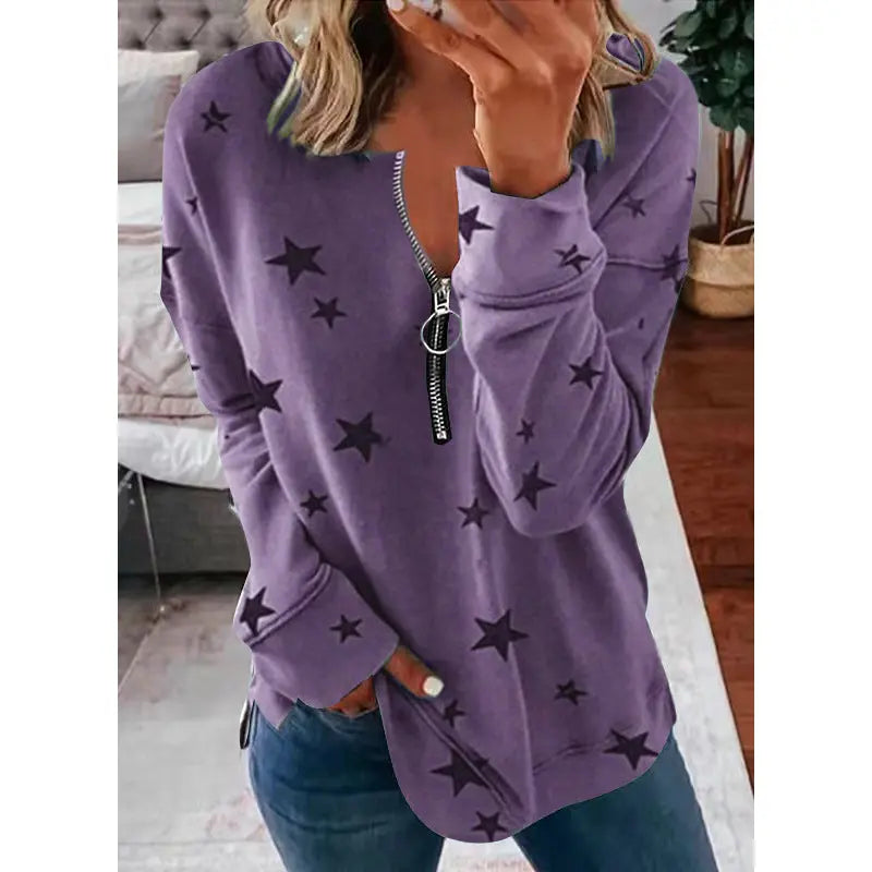 Star Print Long Sleeve Pullover Women's Sweatshirt hercurva